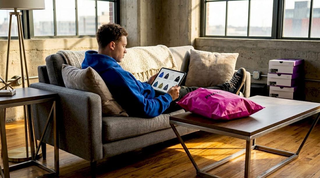 Young man shops streetwear online at home