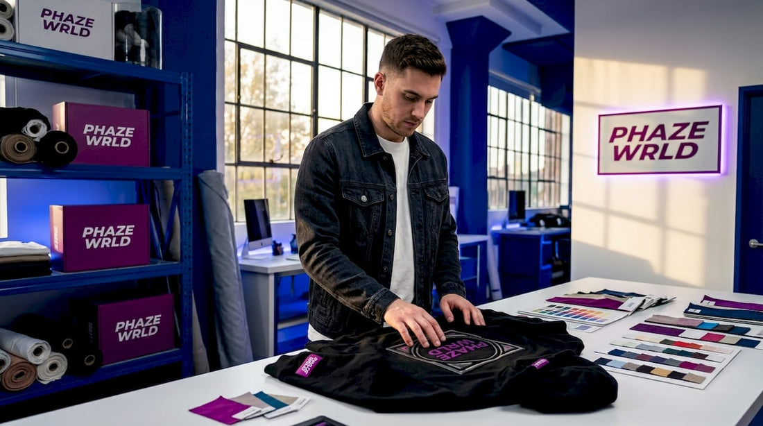 Designer inspecting puff print streetwear hoodie