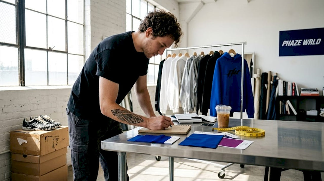 Streetwear designer sketching in sunlit studio workspace