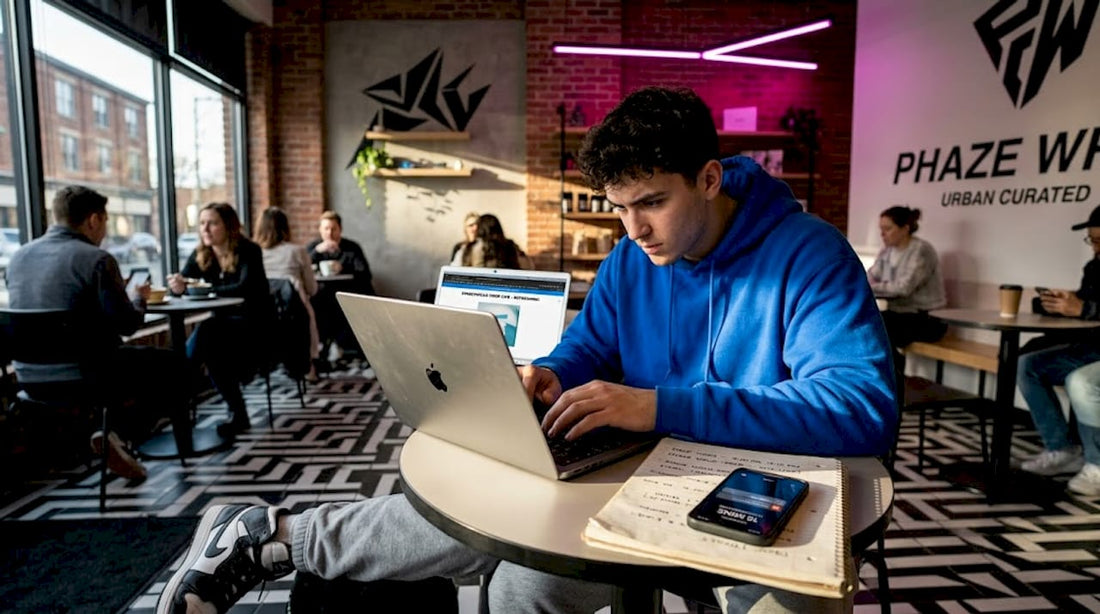 Young man prepping for online streetwear drop