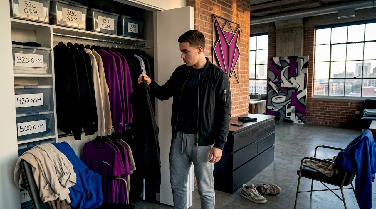 Young man checking streetwear closet labels