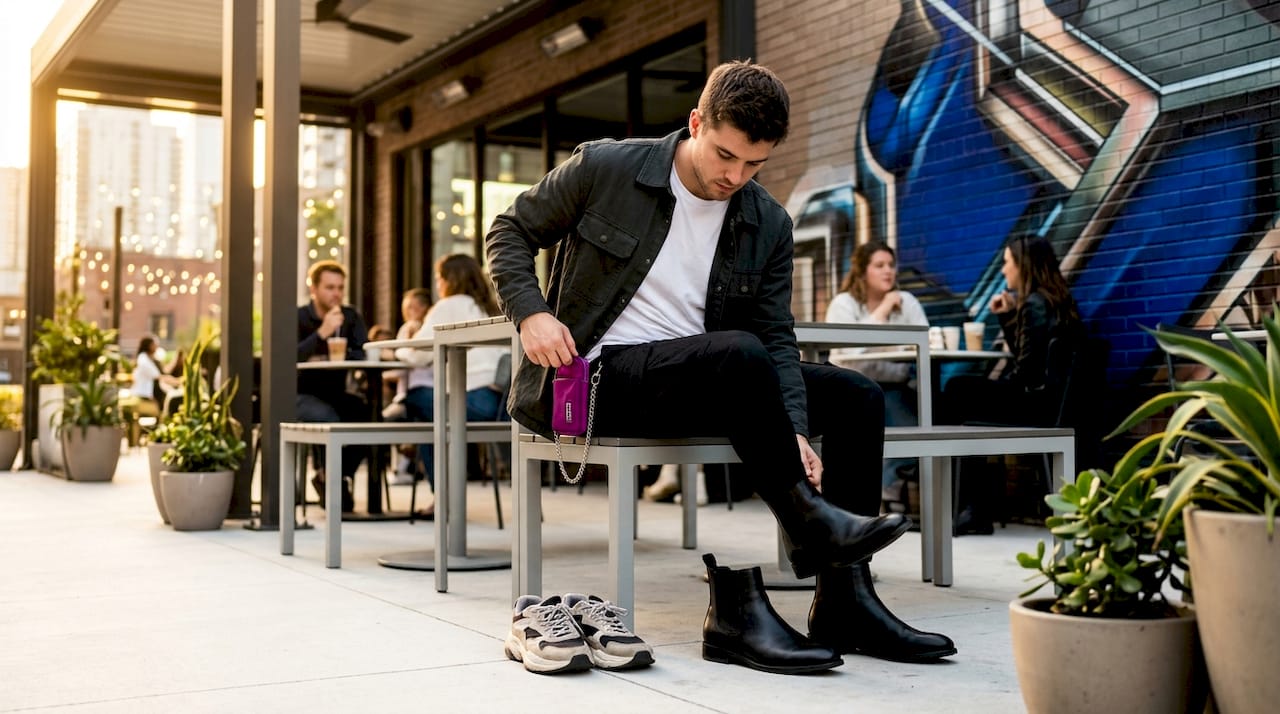 Man changing streetwear outfit in café