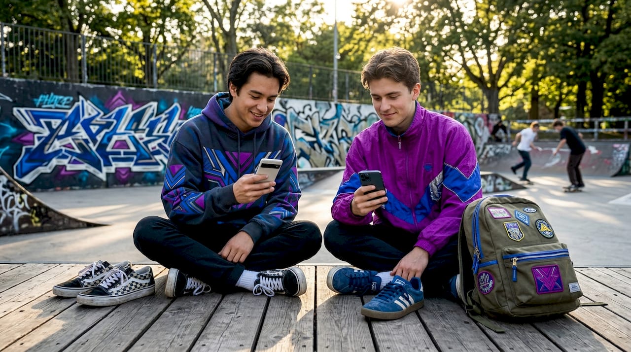 Urban youth comparing streetwear styles outdoors