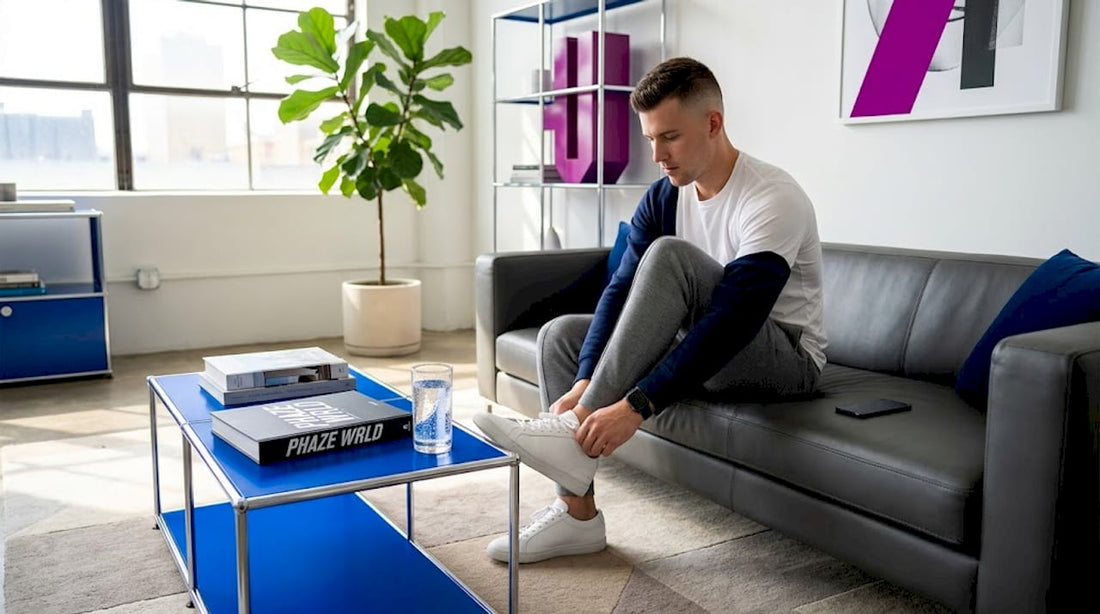 Man putting on sneakers in sweatpants