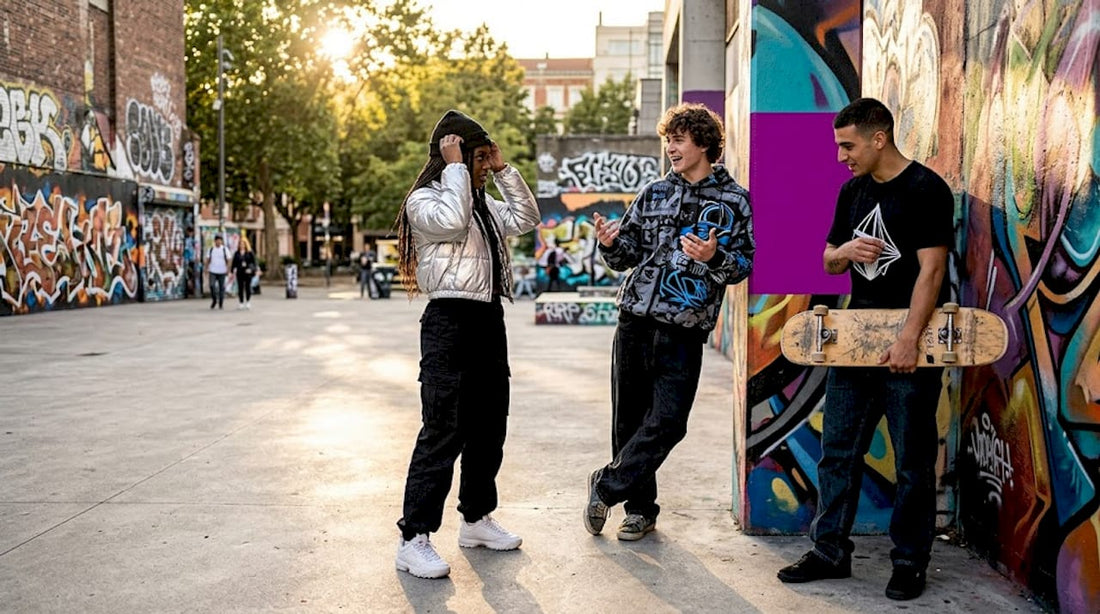 Young adults in streetwear at city skate park