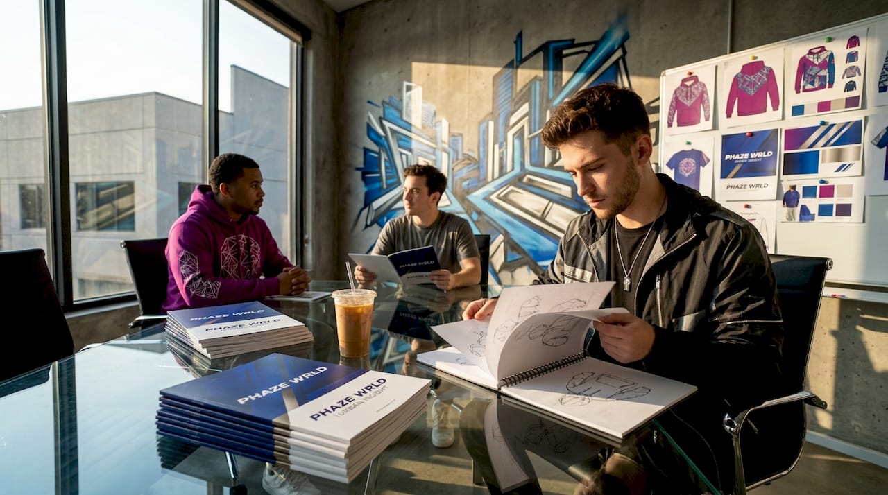Streetwear designers at studio reviewing credibility