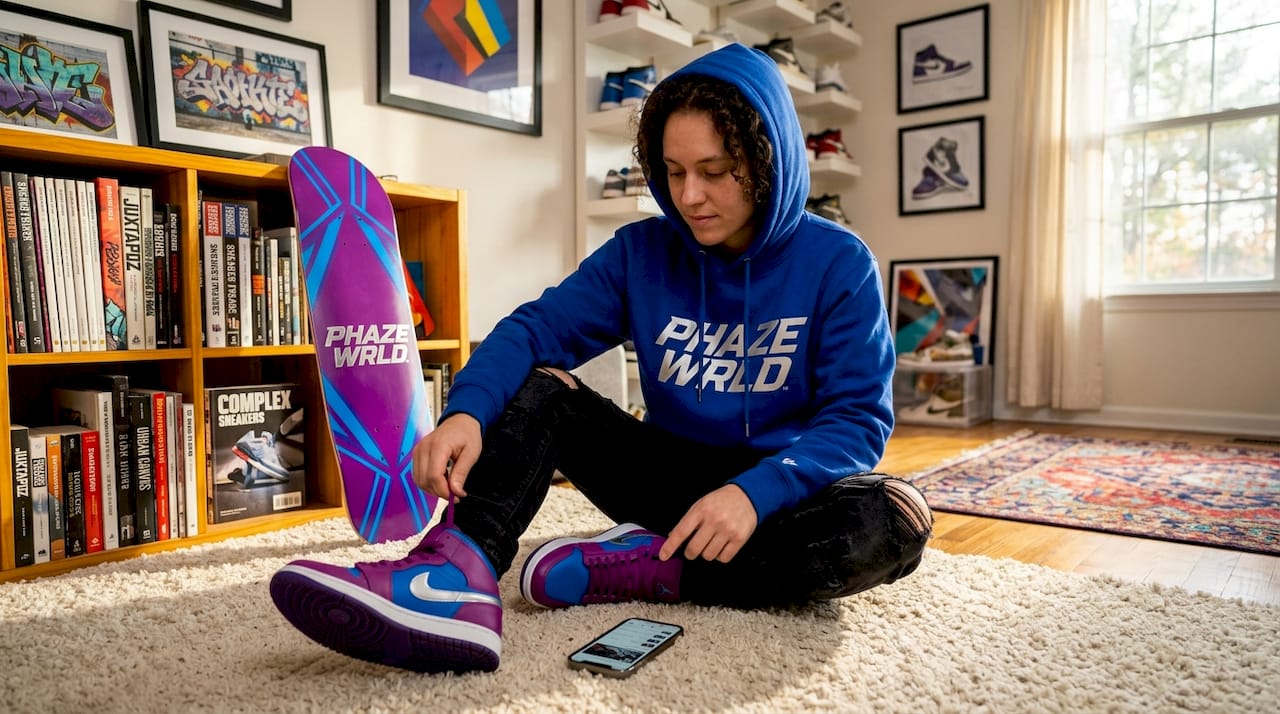 Streetwear collector with grail sneakers in bedroom
