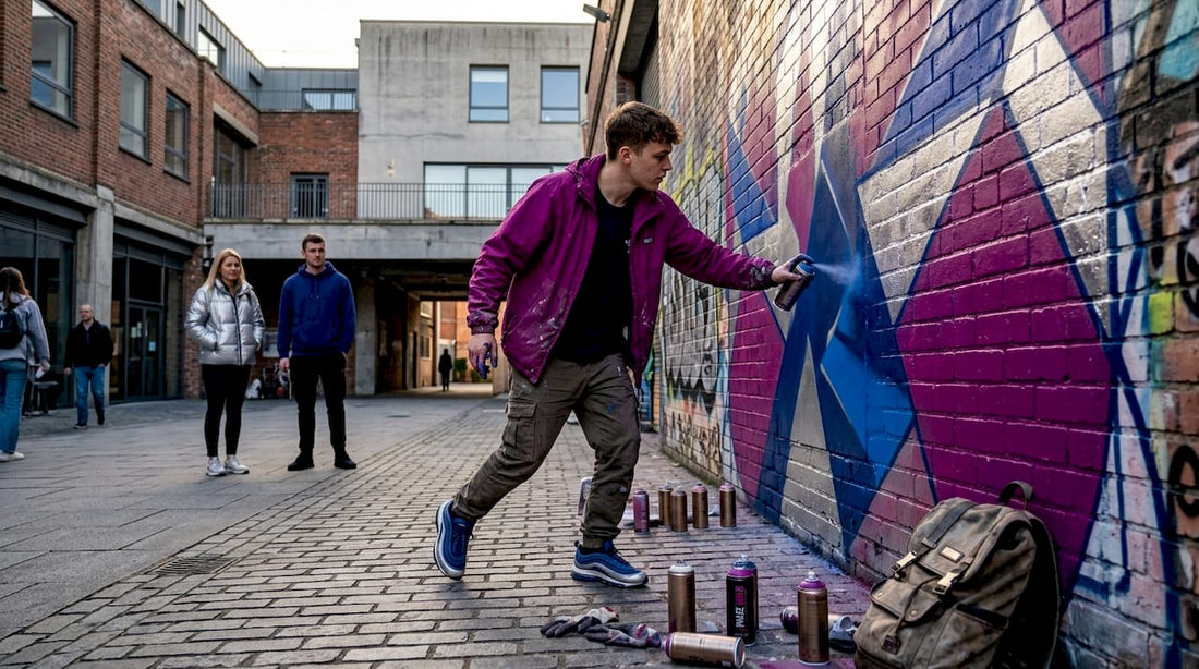 Street artist working on colorful urban mural