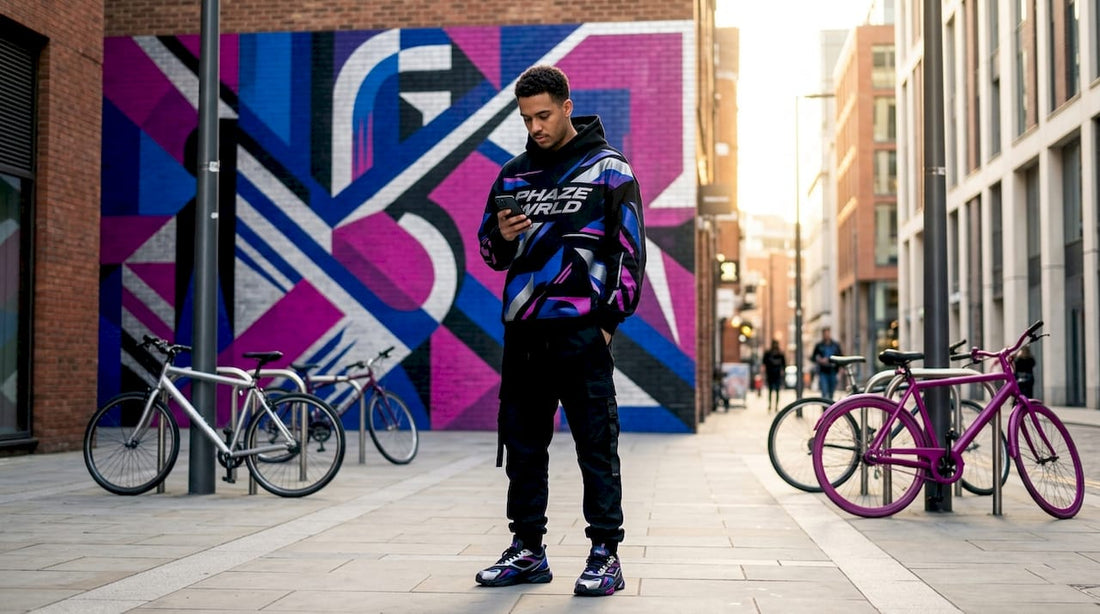 Person wearing bold streetwear standing on urban sidewalk