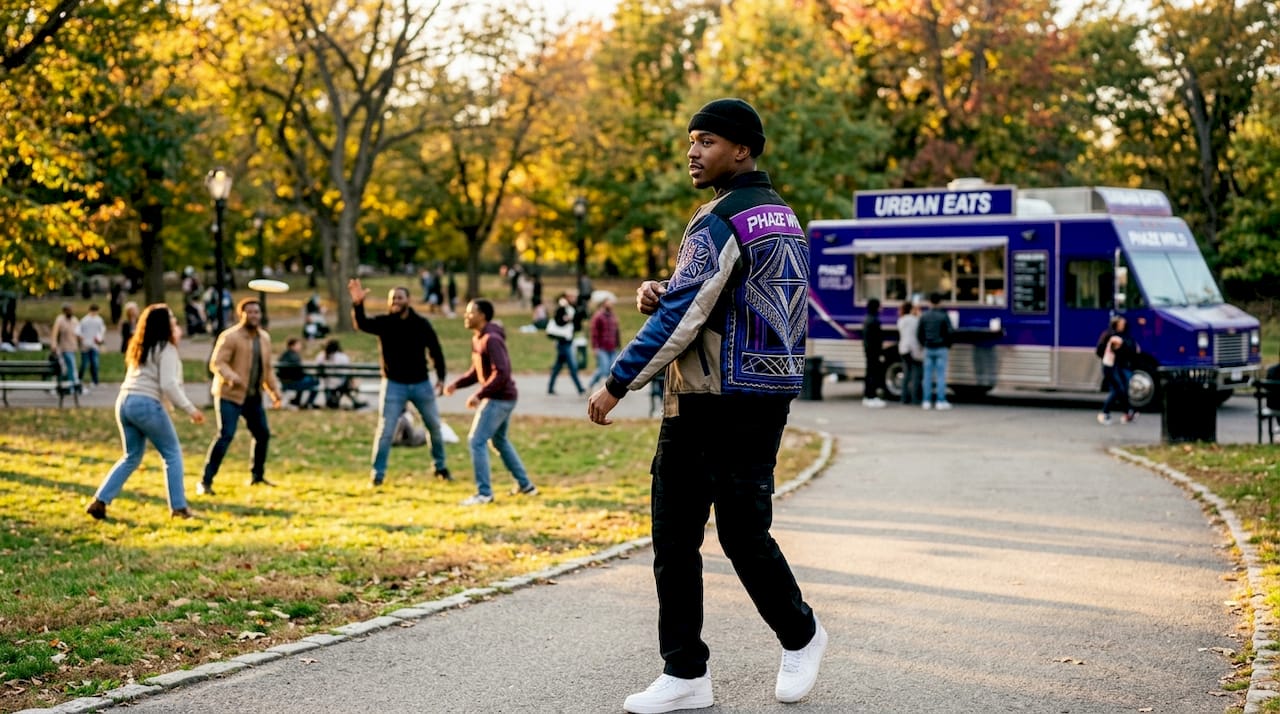 Person wearing embroidered streetwear jacket in city