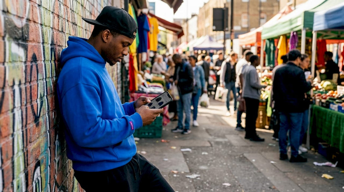 Young man browsing streetwear on phone outdoors
