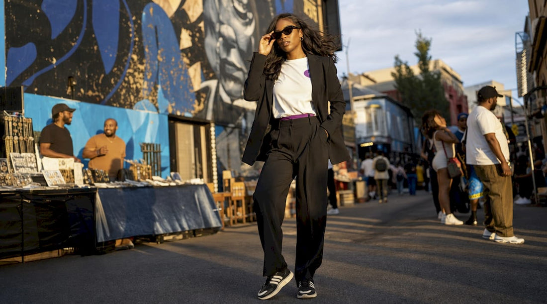 Young woman wearing styled graphic tee on rooftop