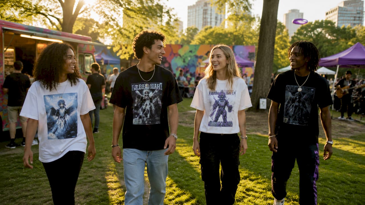 Diverse group wearing graphic tees on urban street