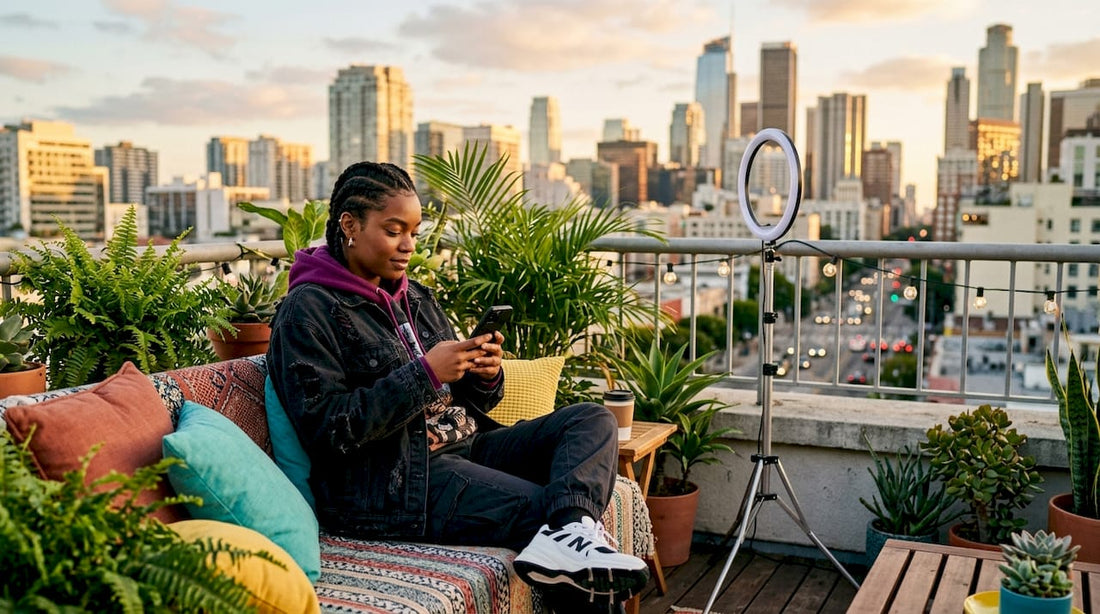 Influencer in streetwear using smartphone outdoors