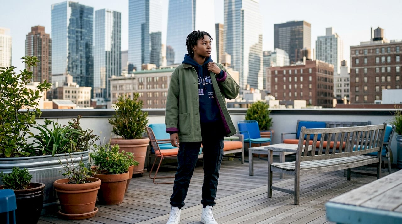 Streetwear model posing on urban sidewalk