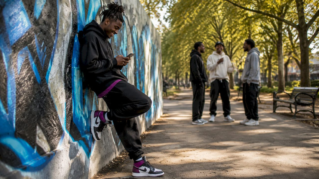 Person wearing streetwear staple outfit outdoors