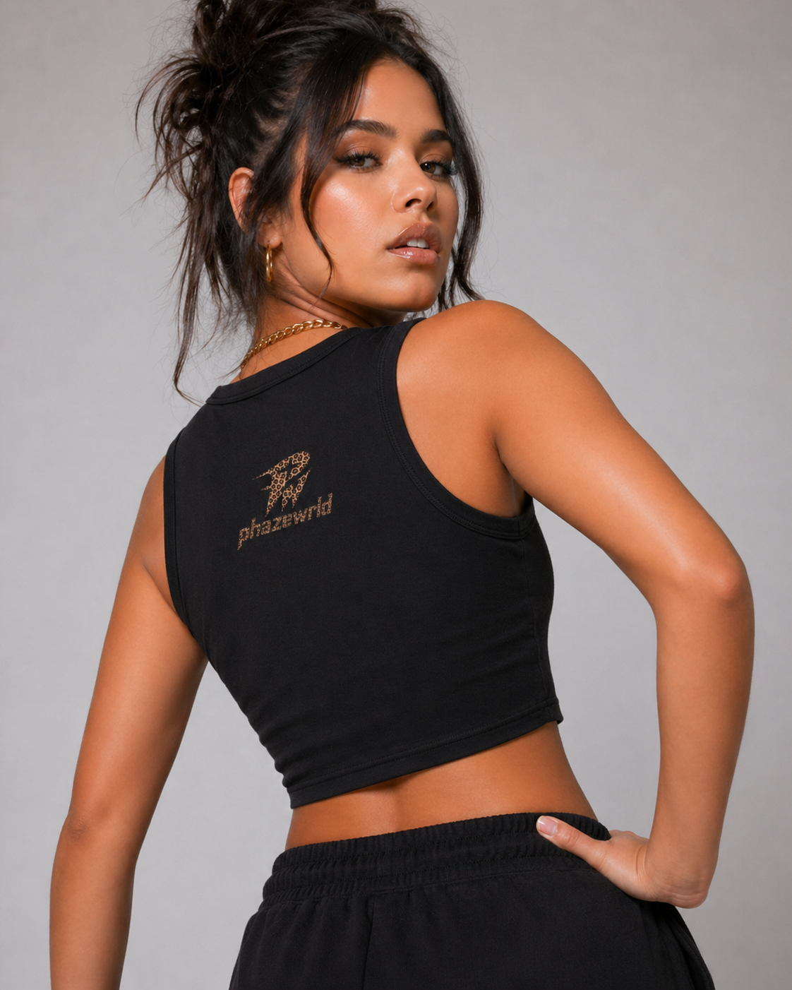 Phaze Wrld Leopard Crewneck Crop Tank Top - Black