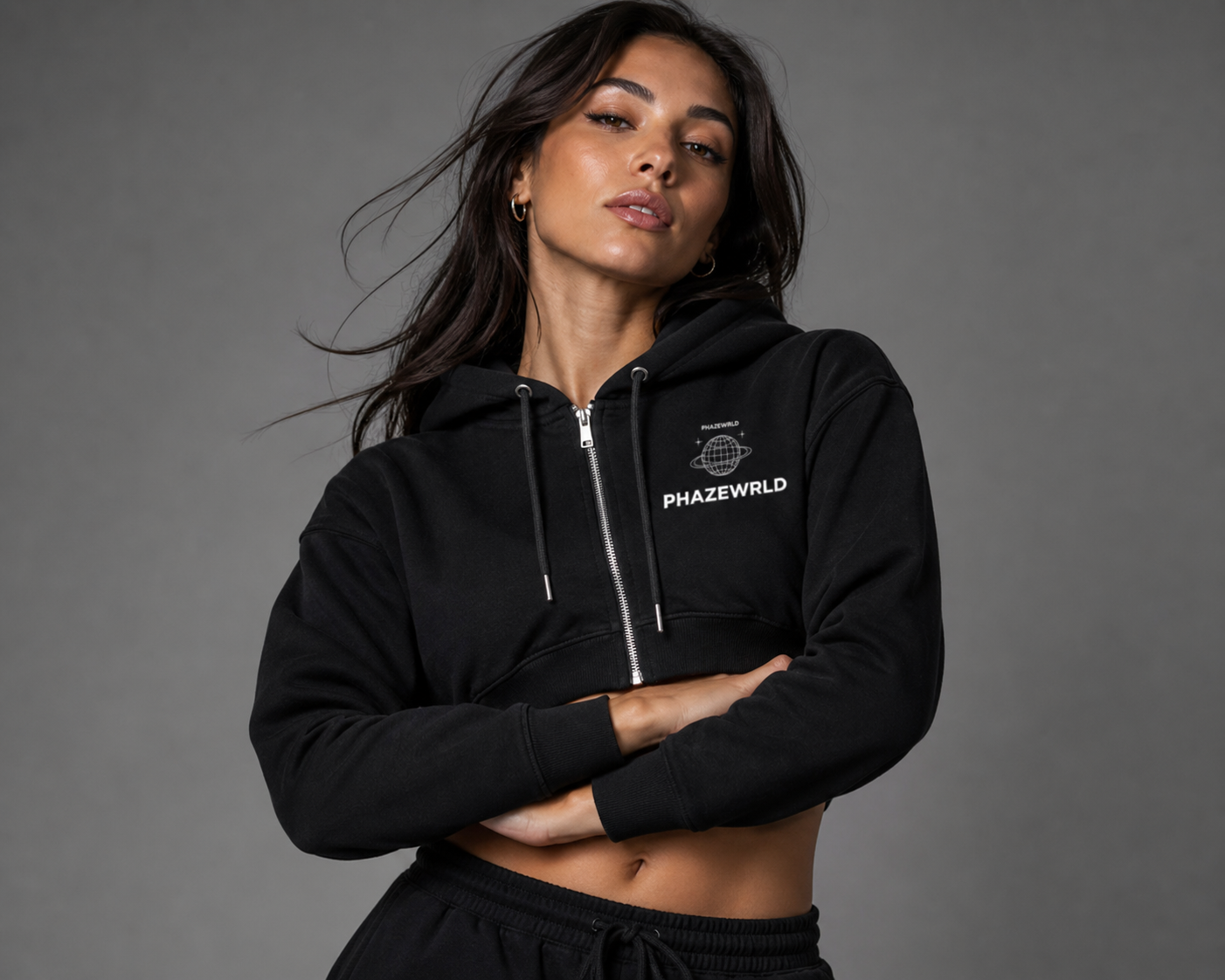 PhazeWrld Globe Cropped Zip Hoodie - Black