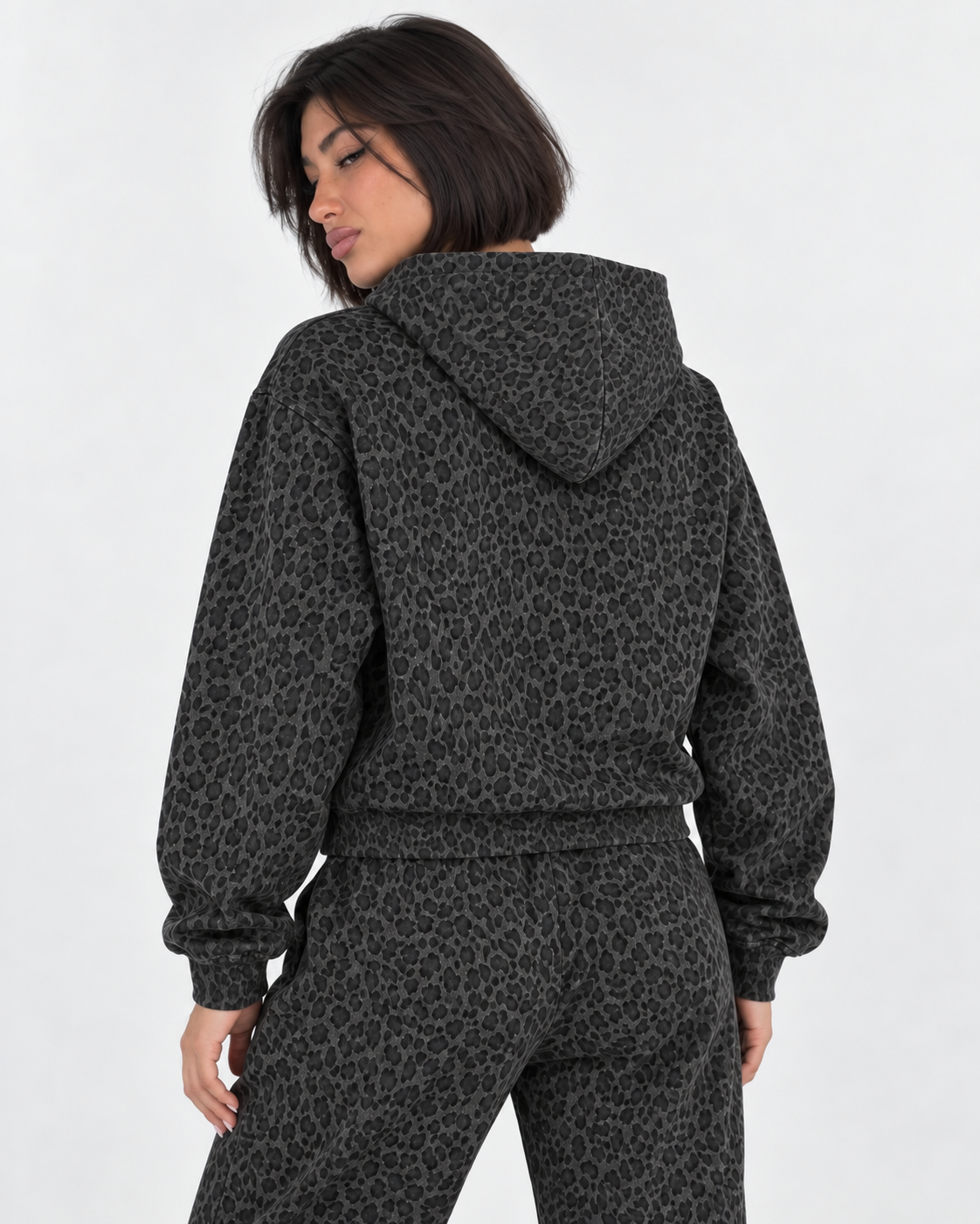 Leopard Black Waffle Full Zip Hoodie