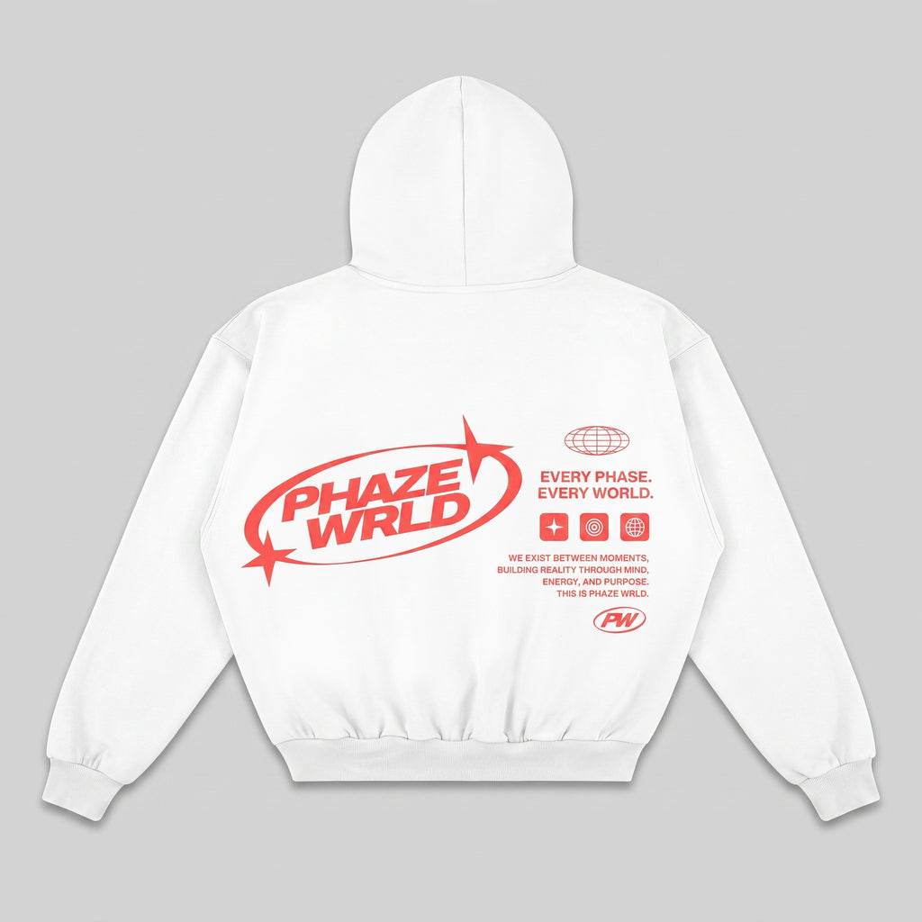 Every Phase. Every World. White Boxy Hoodie