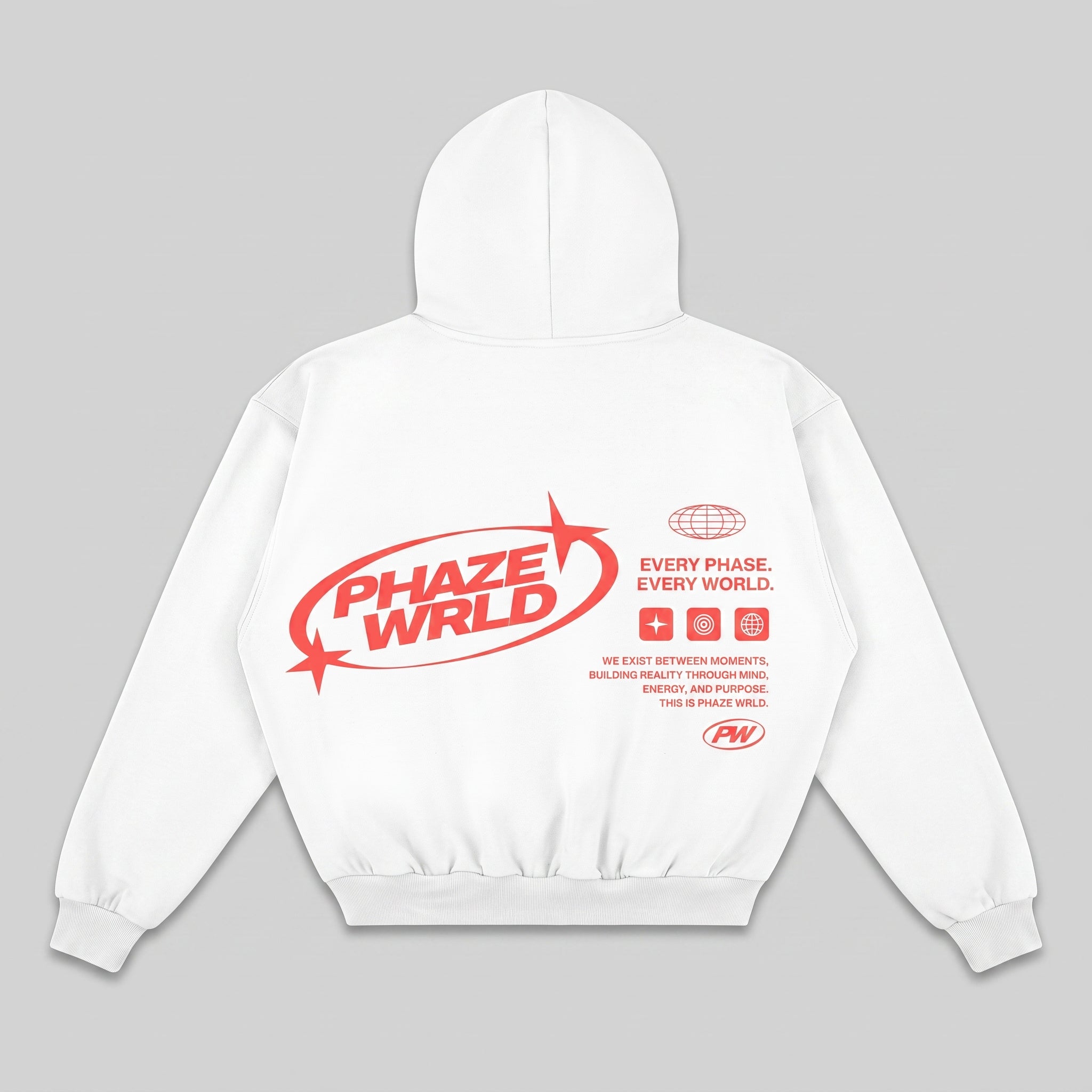 Every Phase. Every World. White Boxy Hoodie