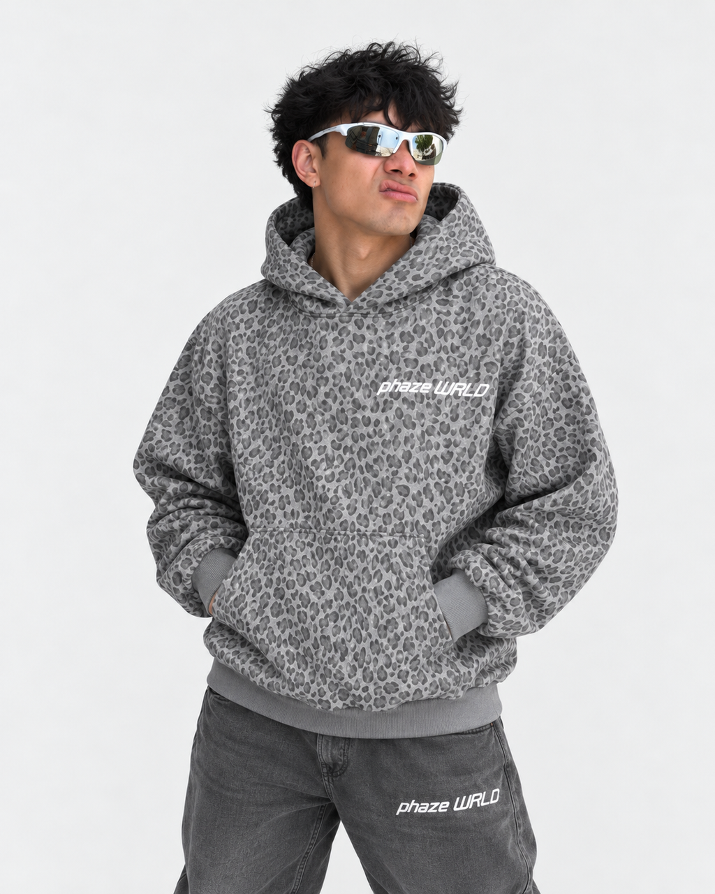 Leopard Light Gray Waffle Full Zip Hoodie