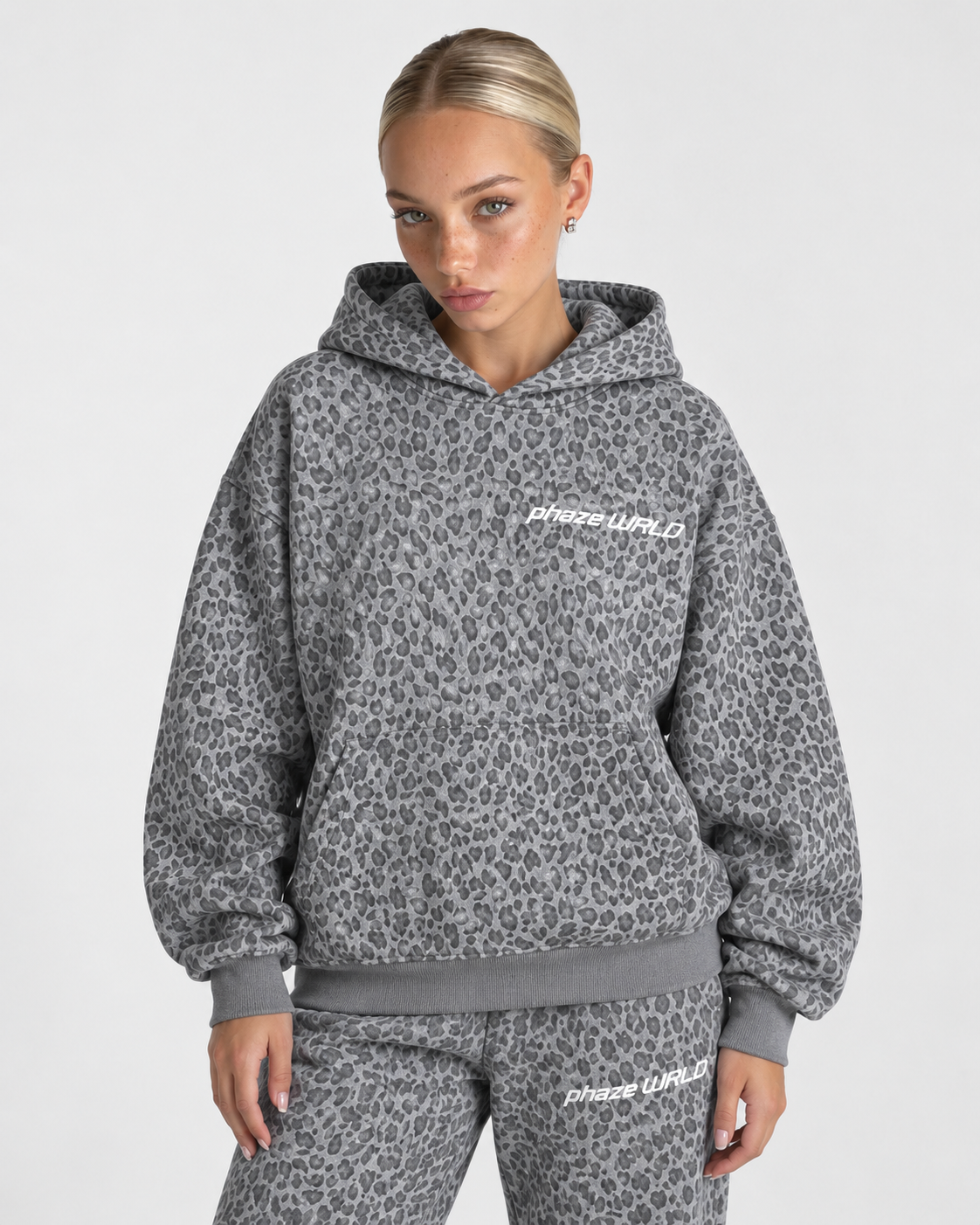 Leopard Light Gray Waffle Full Zip Hoodie