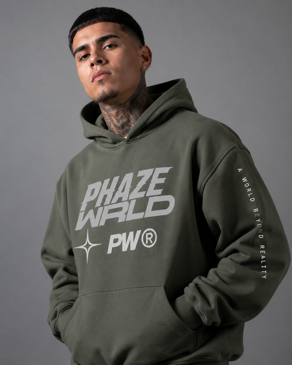Phaze Wrld Out Of Reality Hoodie Olive Boxy Hoodie