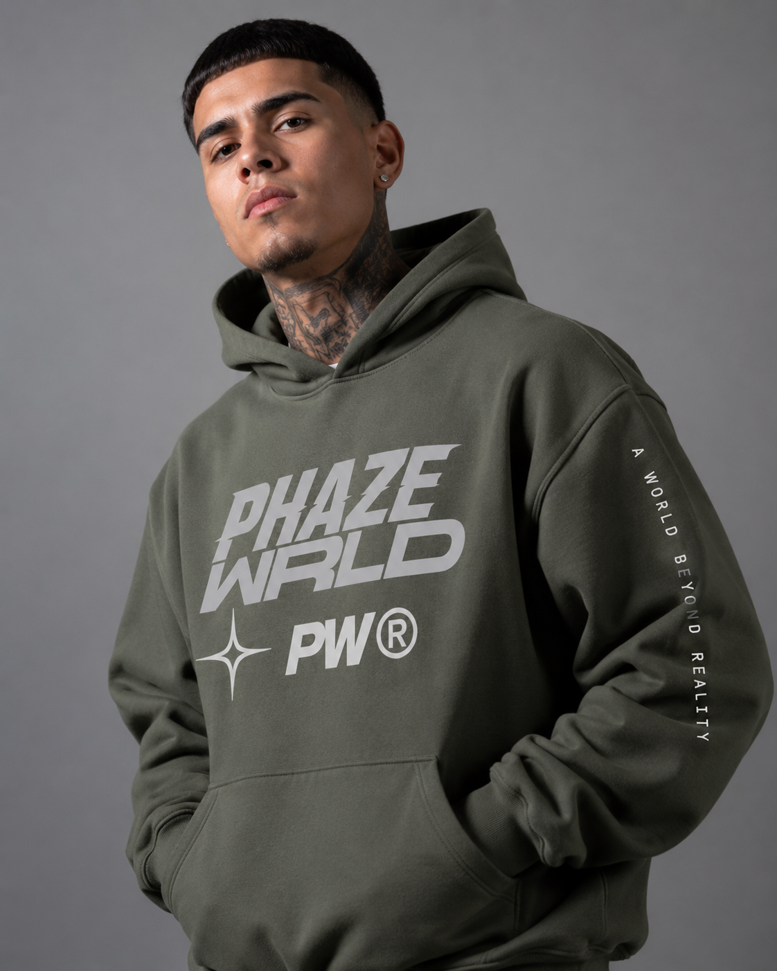 Phaze Wrld Out Of Reality Hoodie Olive Boxy Hoodie