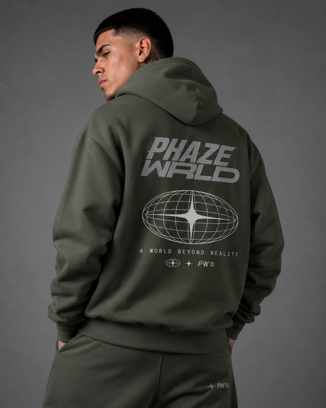 Phaze Wrld Out Of Reality Hoodie Olive Boxy Hoodie