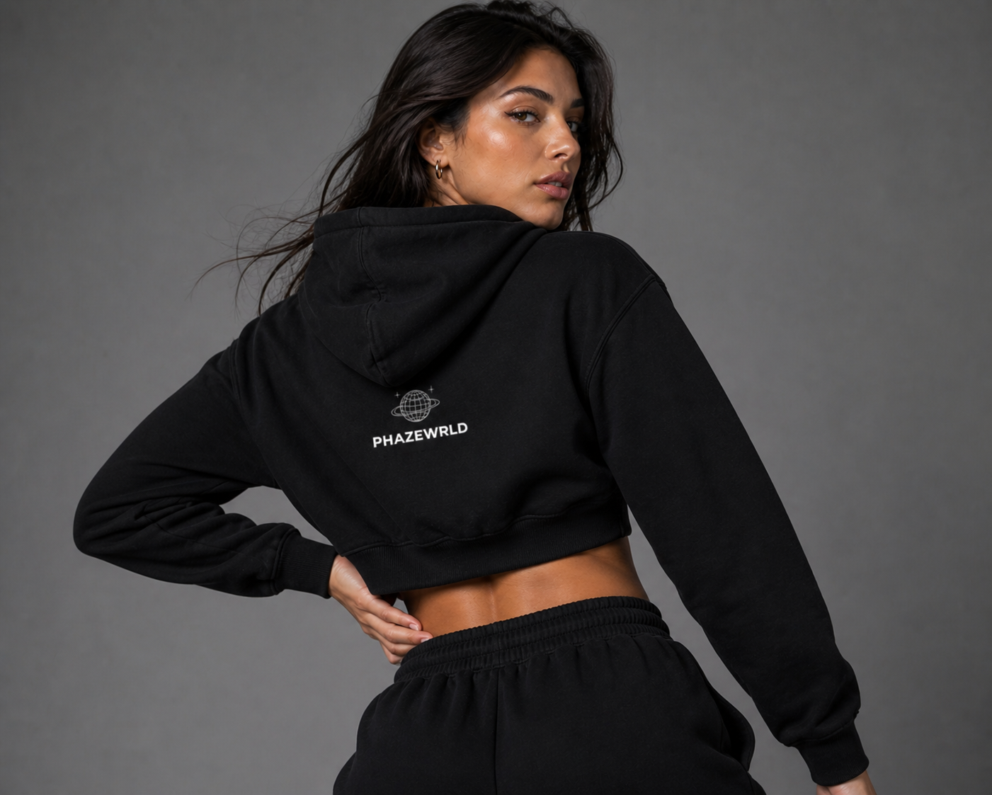 PhazeWrld Globe Cropped Zip Hoodie - Black