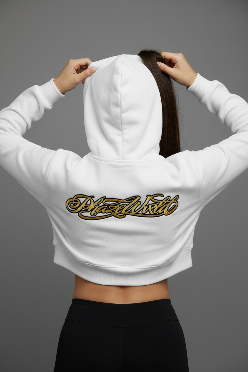 Phaze Wrld Gold Script Zip Hoodie - White