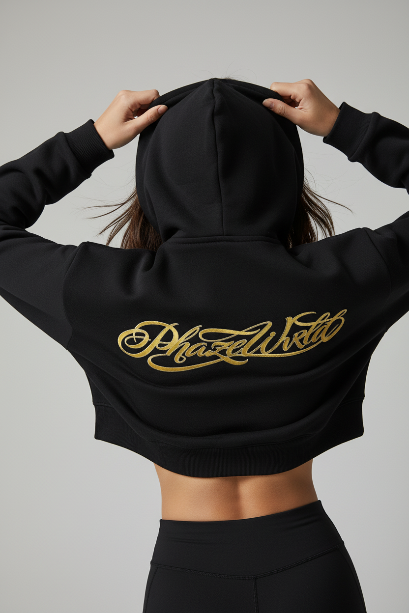 Phaze Wrld Gold Script Zip Hoodie - Black