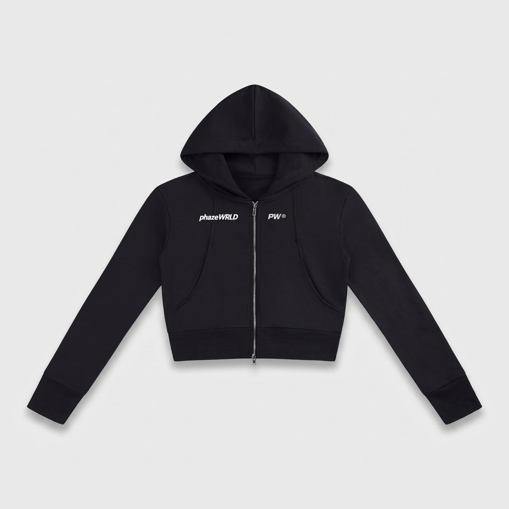Phaze Wrld™ Slim Crop Zip Hoodie — Black