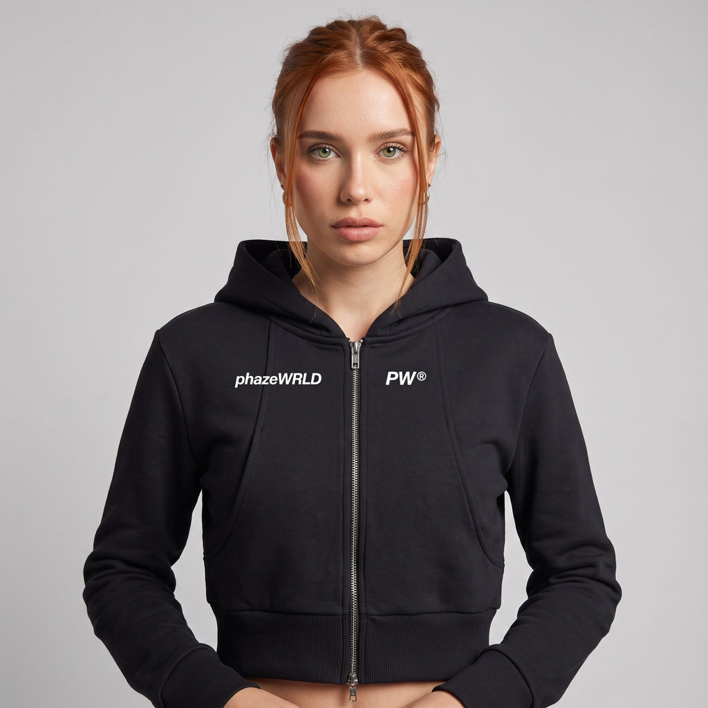Phaze Wrld™ Slim Crop Zip Hoodie — Black