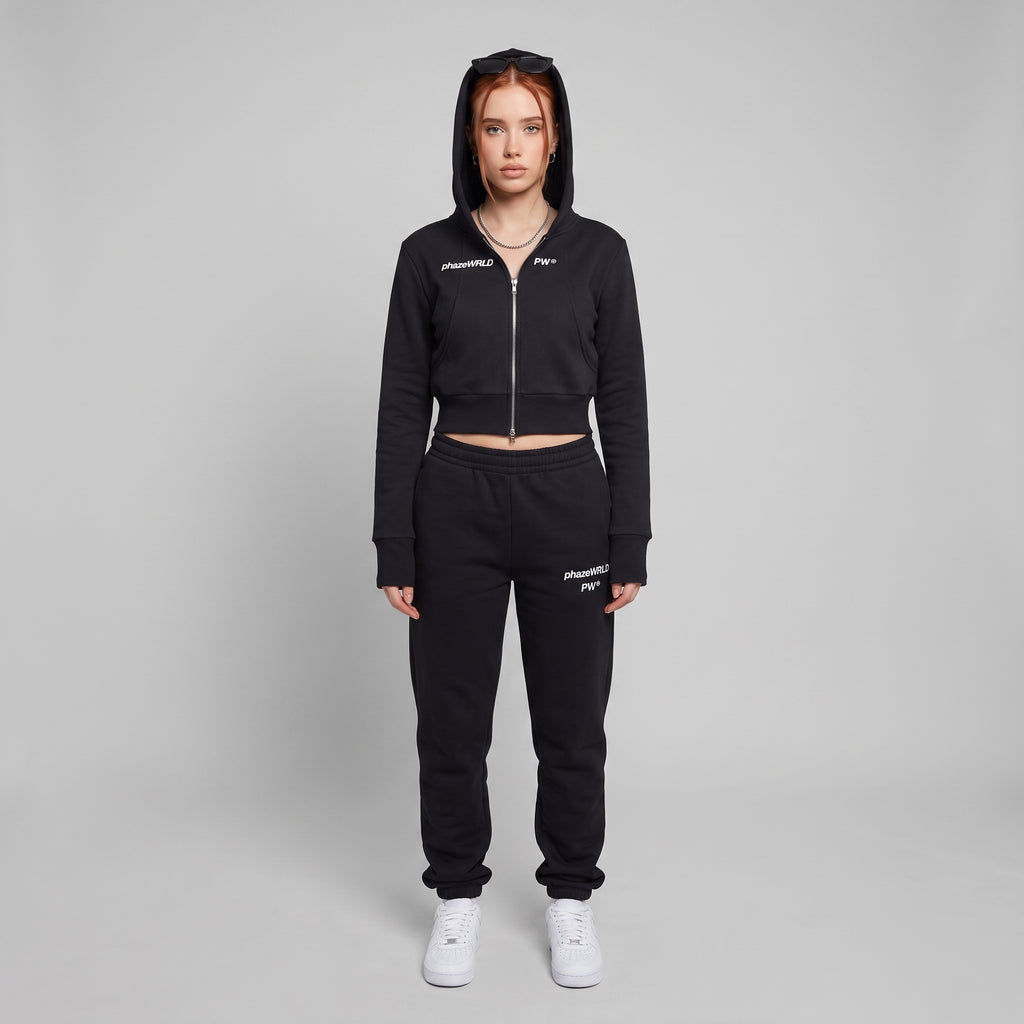 Phaze Wrld™ Slim Crop Zip Hoodie — Black