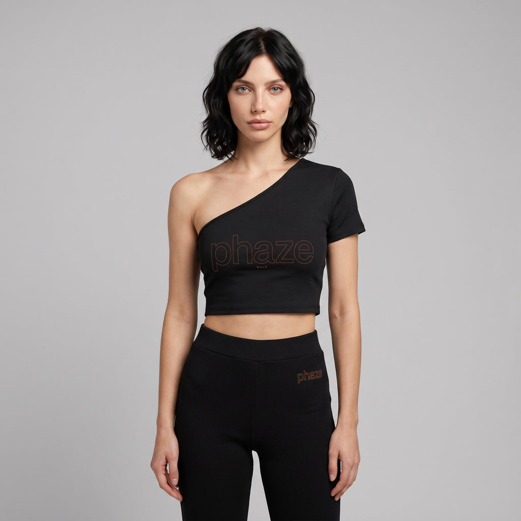 Phaze Wrld One-Shoulder Outline Crop Tee — Black