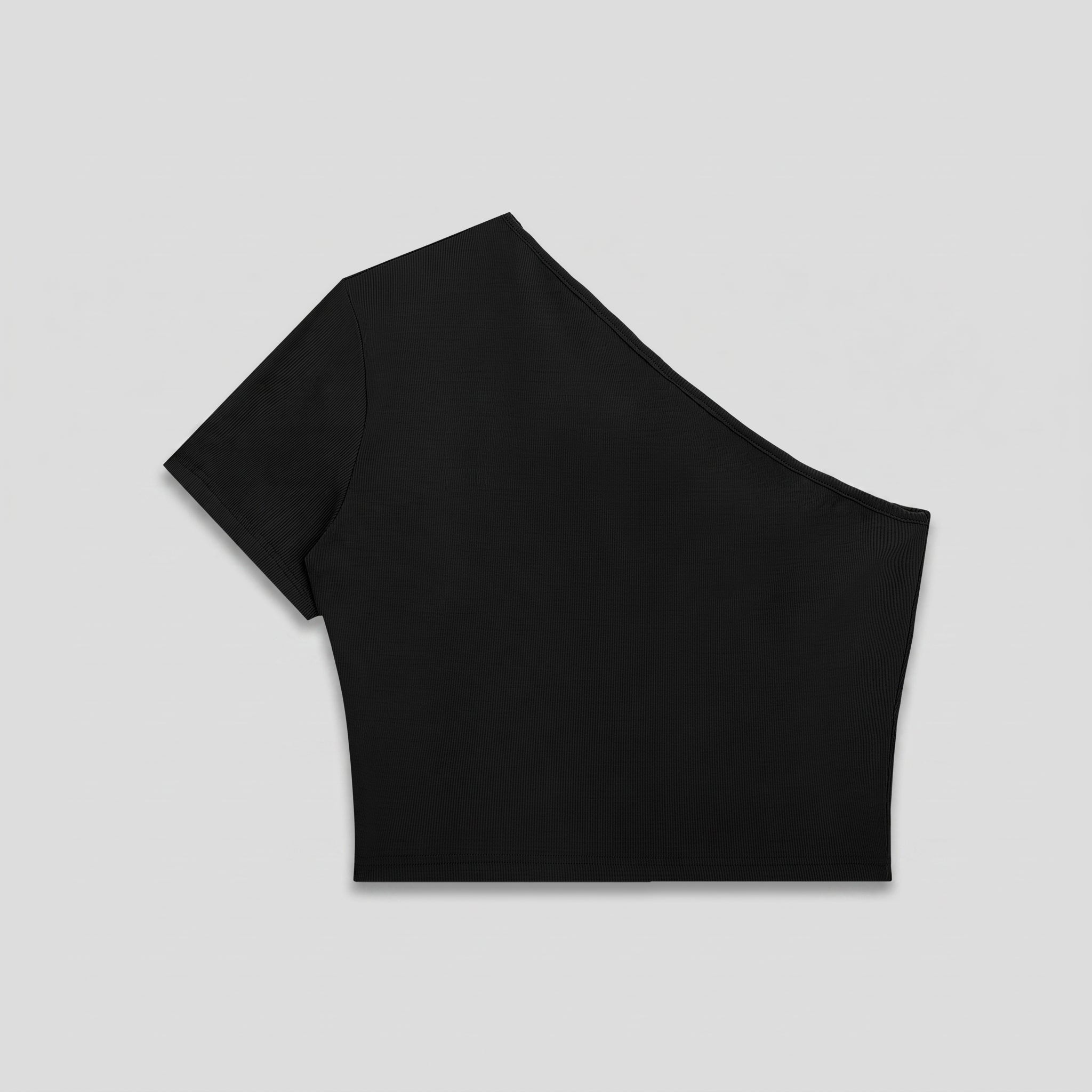 Phaze Wrld One-Shoulder Outline Crop Tee — Black