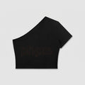 Phaze Wrld One-Shoulder Outline Crop Tee — Black