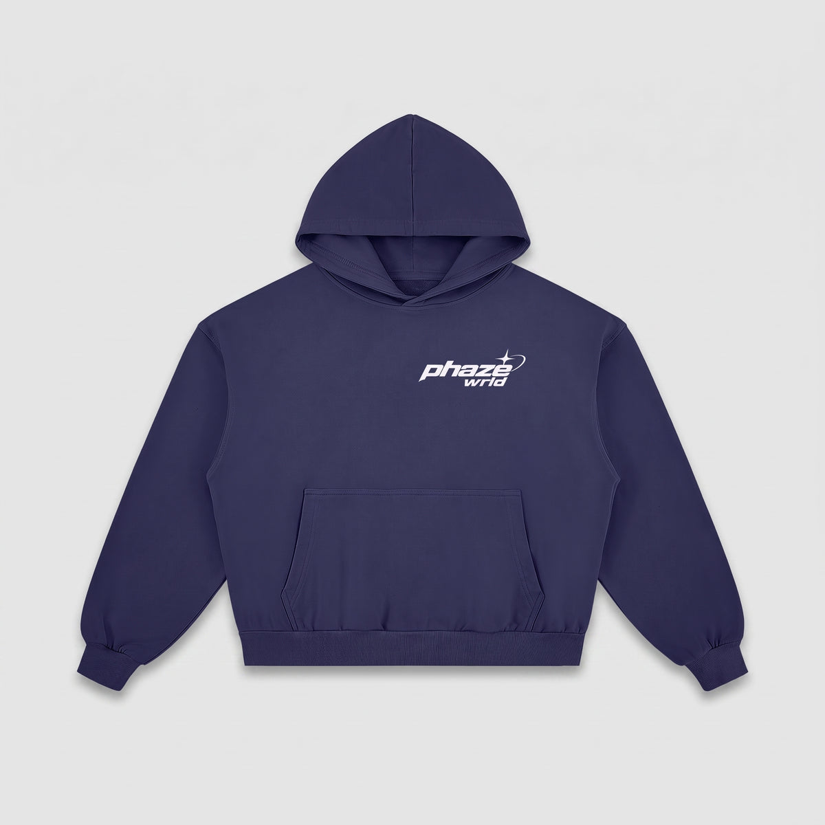 Flat lay of the front of the Blue Frequency boxy hoodie in navy blue, showing the kangaroo pocket and 'phaze wrld' chest graphic.