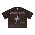 Oversized brown leopard print tee featuring purple Y2K starburst graphics and futuristic typography. Perfect boxy fit streetwear look.