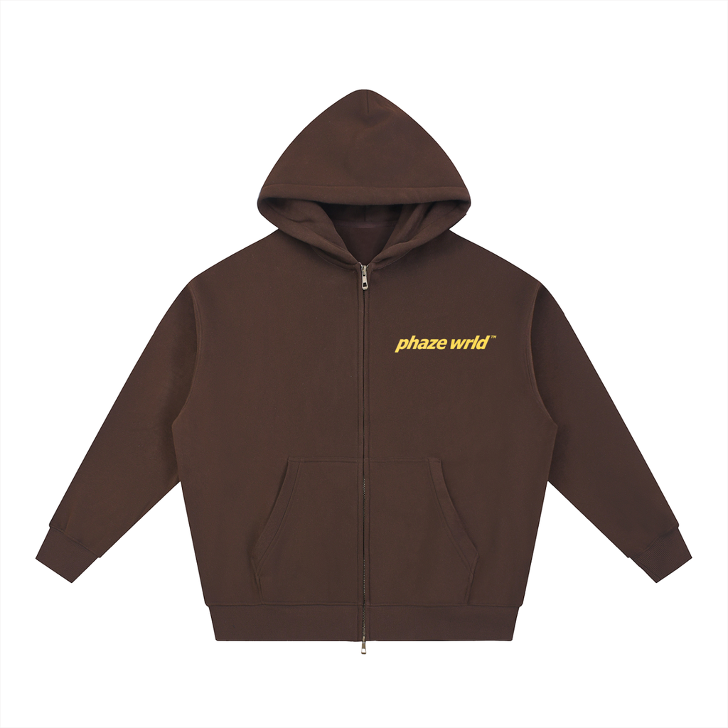Phaze Wrld Zip Oversized Boxy Hoodie Coffe