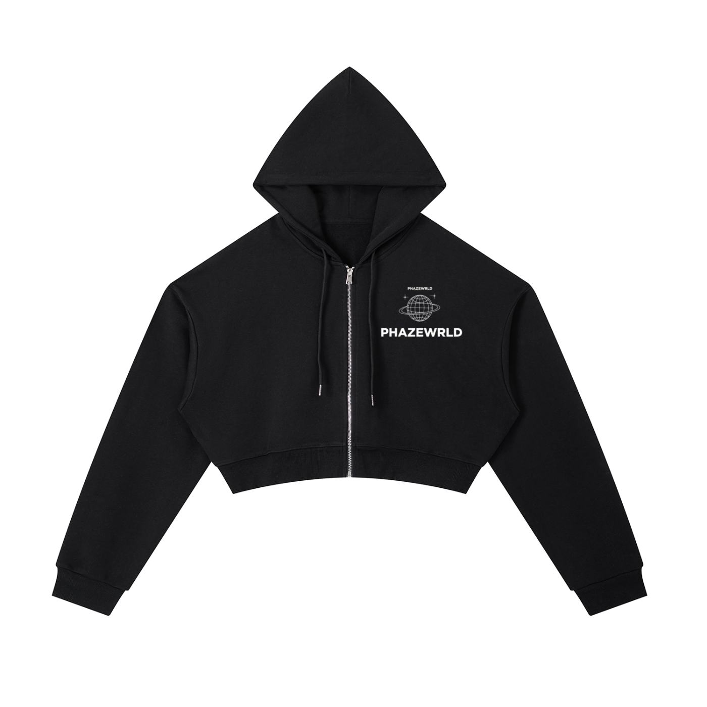 PhazeWrld Globe Cropped Zip Hoodie - Black