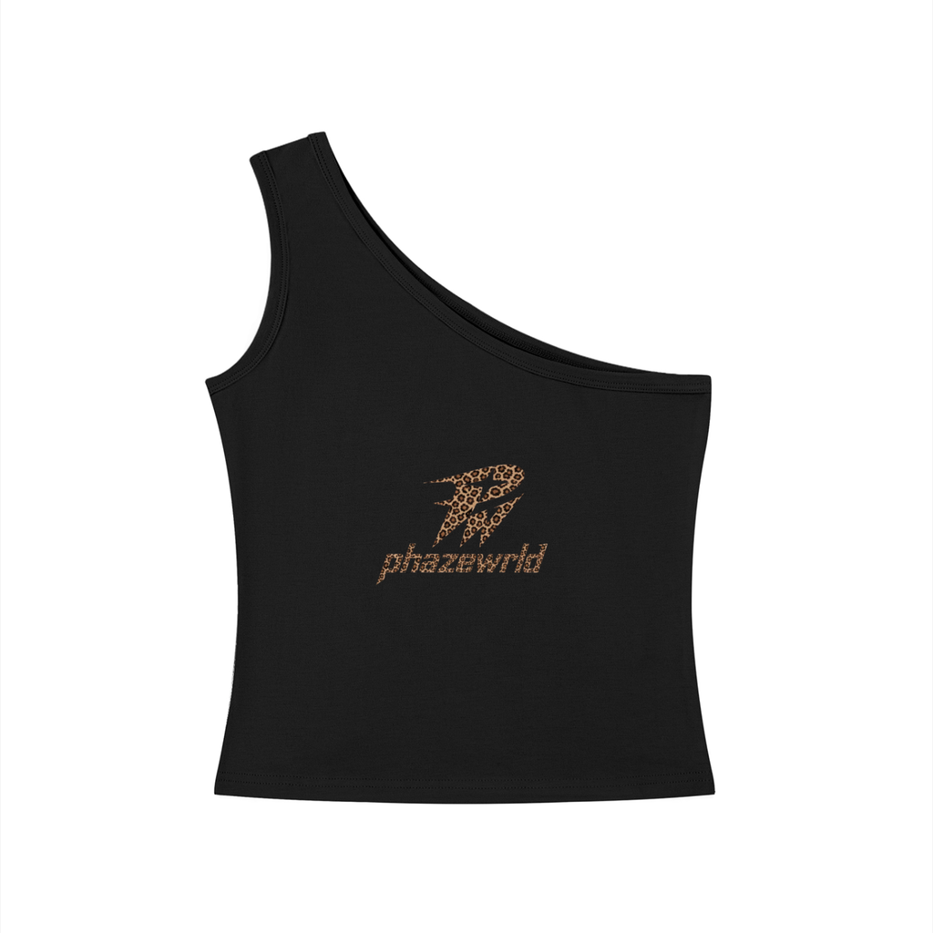 Phaze Wrld Leopard One-Shoulder Crop T-Shirt - Black