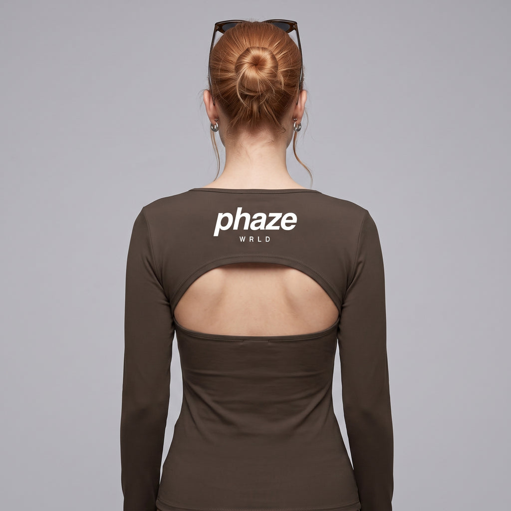 Phaze Wrld Shrug Overlay Long Sleeve Top — Mocha