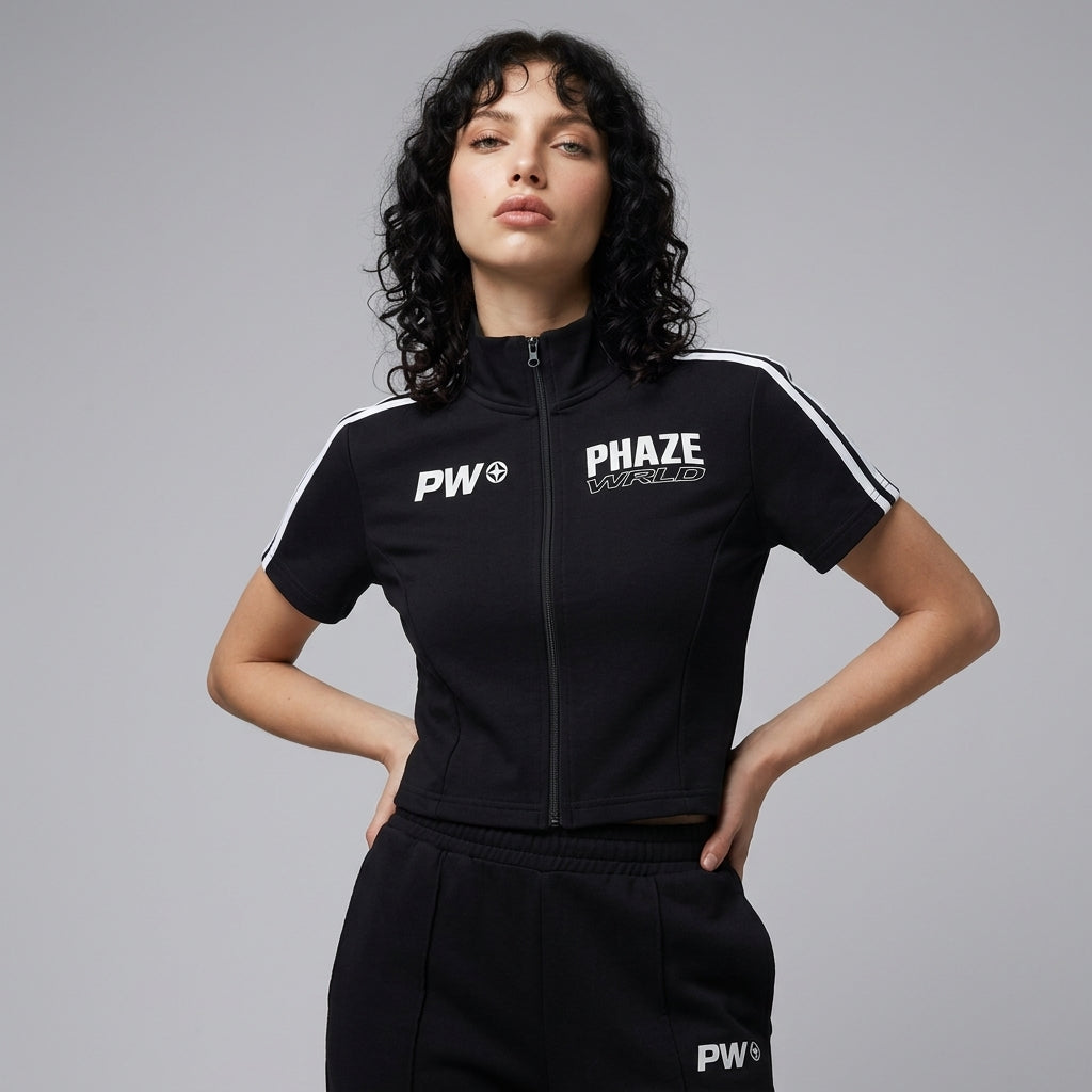 Phaze Wrld Cropped Full Zip Black Short Sleeve T-Shirt