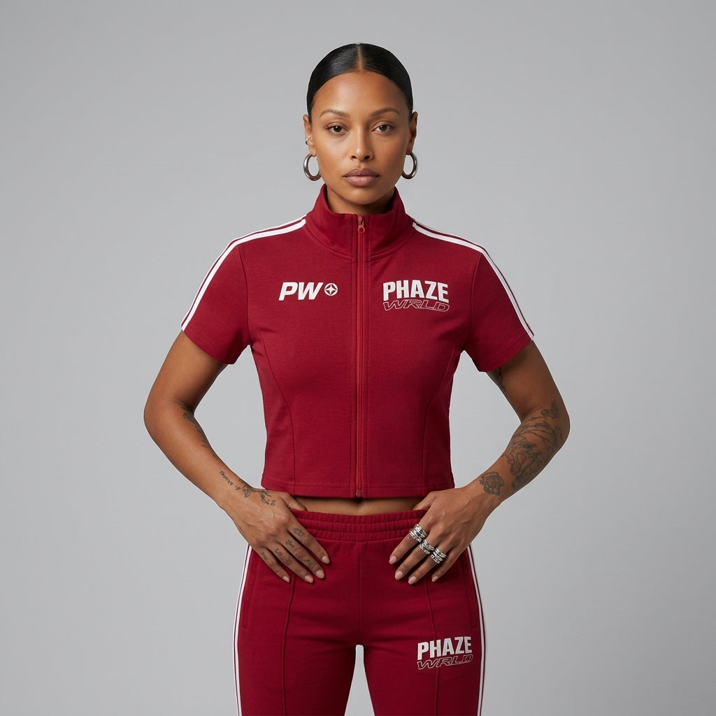 Phaze Wrld Cropped Full Zip Red Short Sleeve T-Shirt