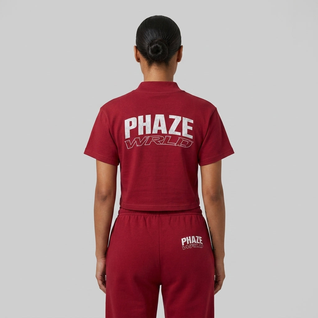 Phaze Wrld Cropped Full Zip Red Short Sleeve T-Shirt