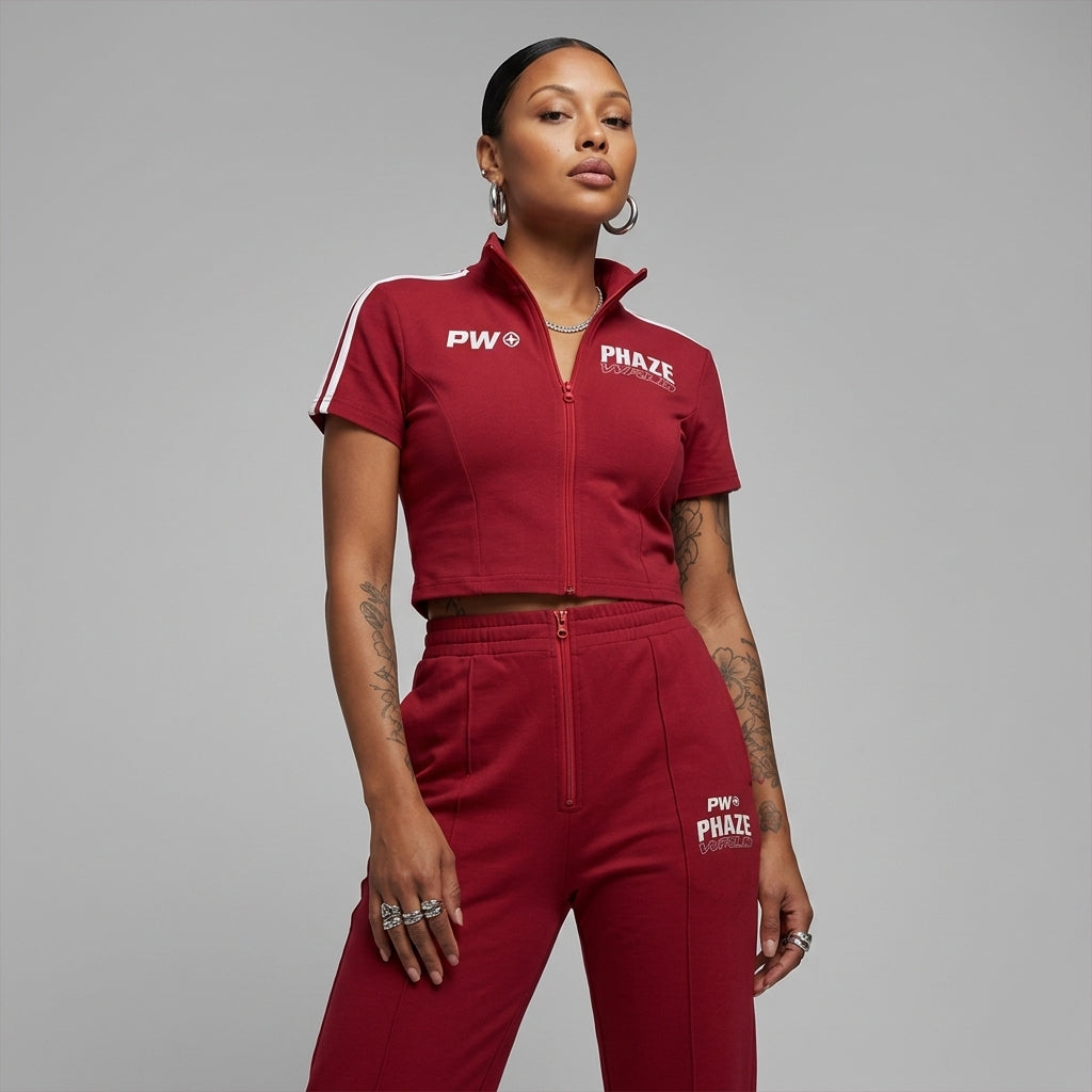 Phaze Wrld Cropped Full Zip Red Short Sleeve T-Shirt