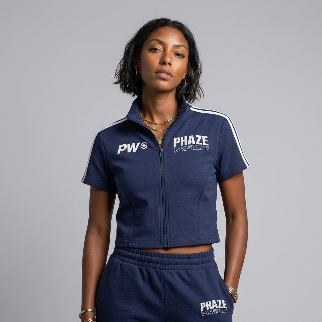 Phaze Wrld Cropped Full Zip Navy Short Sleeve T-Shirt